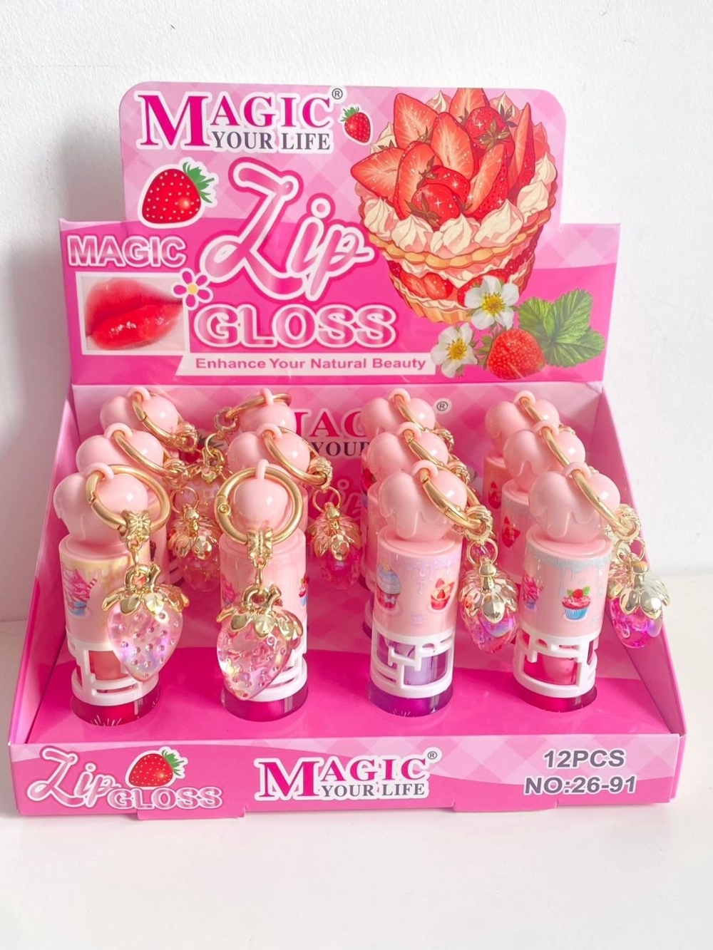 💋6x $15 💋 Mix MAGIC Your Life Strawberry Lip Gloss Keychain - Pink
